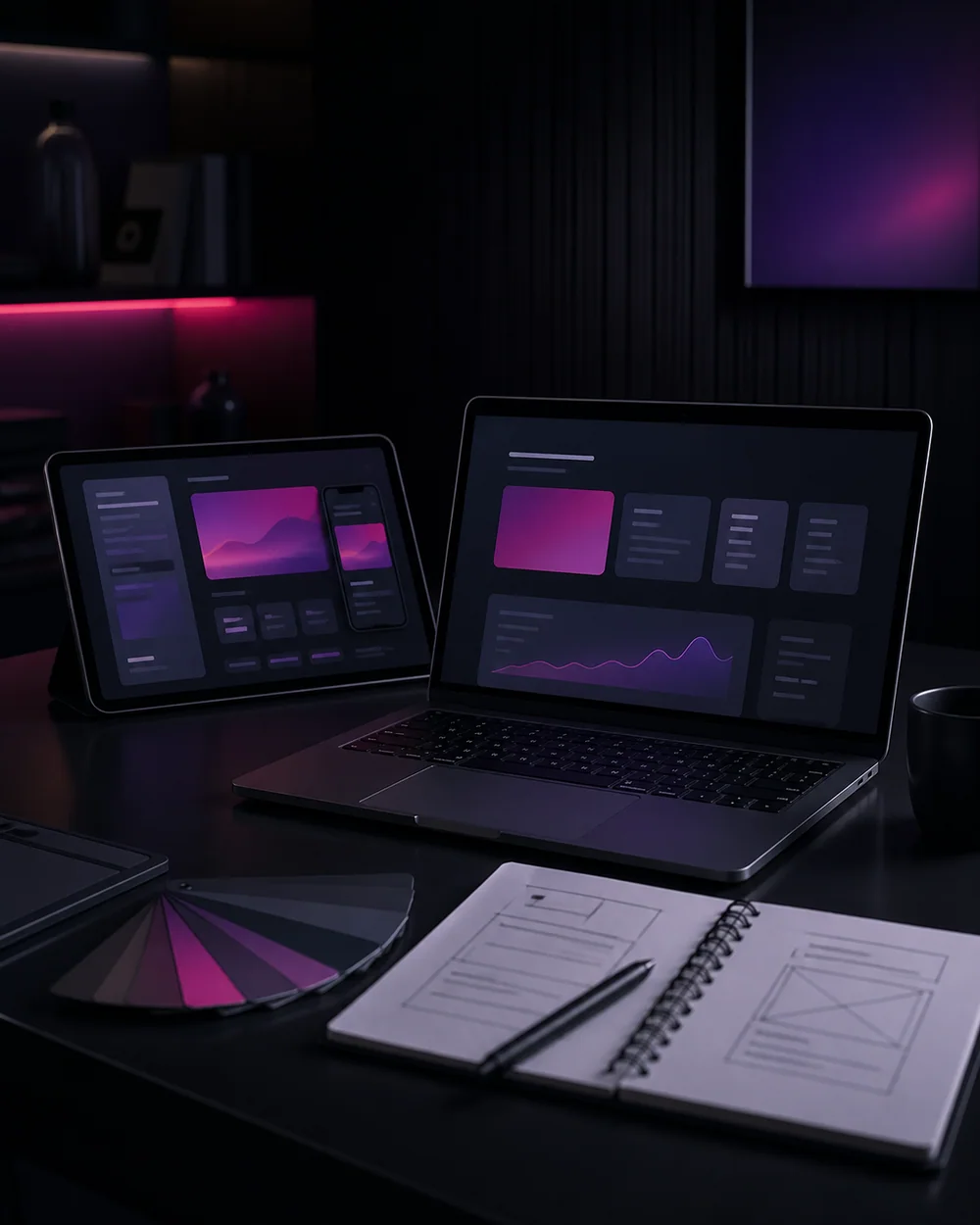 Estudio de diseño web con portátil, tableta y bocetos de interfaces